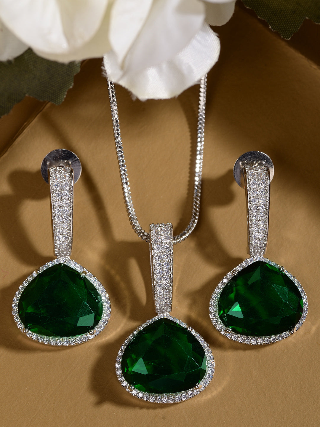 Silver Toned Green AD studdeed Elegant Pendant Earrings Locket Jewellery Set, zaveri pearls, sale price rs, sale price, sale gold plated, sale gold, sale, rubans, ring, regular price, priyass